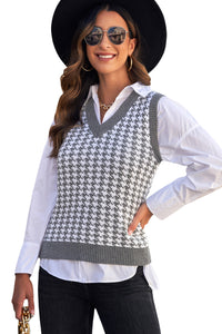 Gray V Neck Argyle Plaid Knitted Sweater Vest