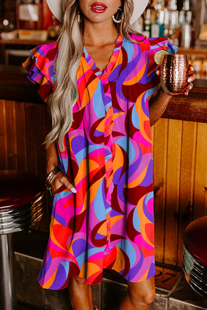 Orange Abstract Print Ruffled Sleeve Shift Dress