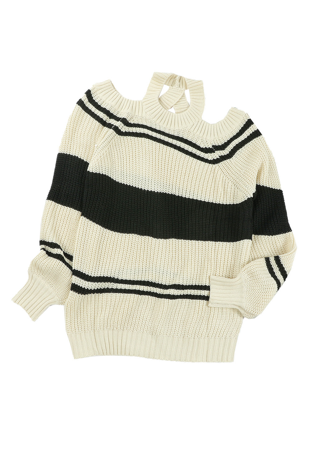 Black Striped Cold Shoulder Knit Sweater