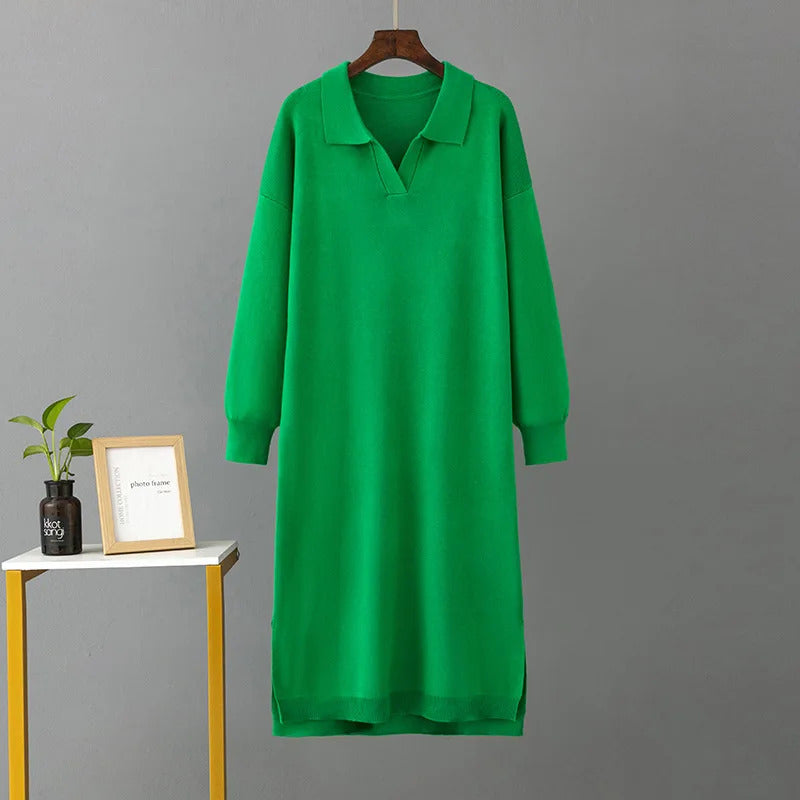 HLBCBG New Straight Autumn Winter Long Sweater Dress Women Split Side Long POLO Neck Maix Sweater Dress Female Basic Loose Dress