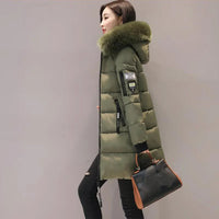 Women Winter Black Fur Collar Hooded Parka Fashion Letter Patch Zipper Pockets Long Jacket Elegant Slim Warm Thick Female Coats