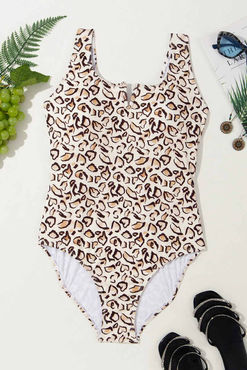 Khaki Leopard Print Notched Neck One Piece Swimsuit