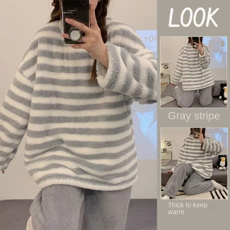 Thickened Warm Flannel Women Pajamas Loungewear Striped Top and Trousers Large Size Sleepwear Homewear Nightwear Cartoon Rabbit