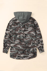 Green Camo Print Button up Hooded Jacket