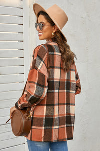 Orange Plaid Print Buttoned Shirt Jacket