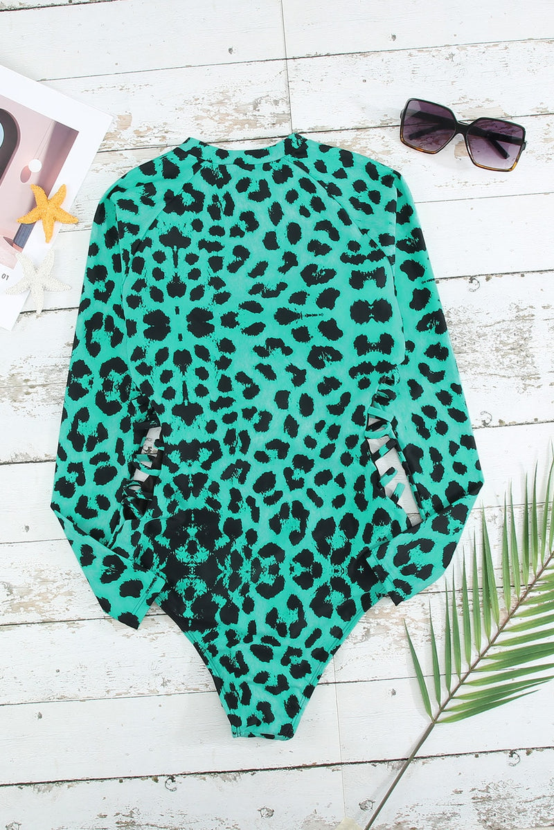 Green Leopard Print Zipper Cut-out Rash Guard Swimsuit