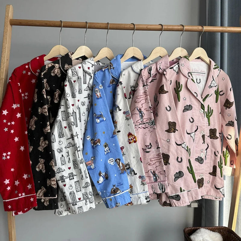 100% Cotton Pajamas for Women Loose Cartoon Long Sleeve Pants Loungewear Women 2 Piece Set Pj Women Outfit Sleepwear Set Pijamas