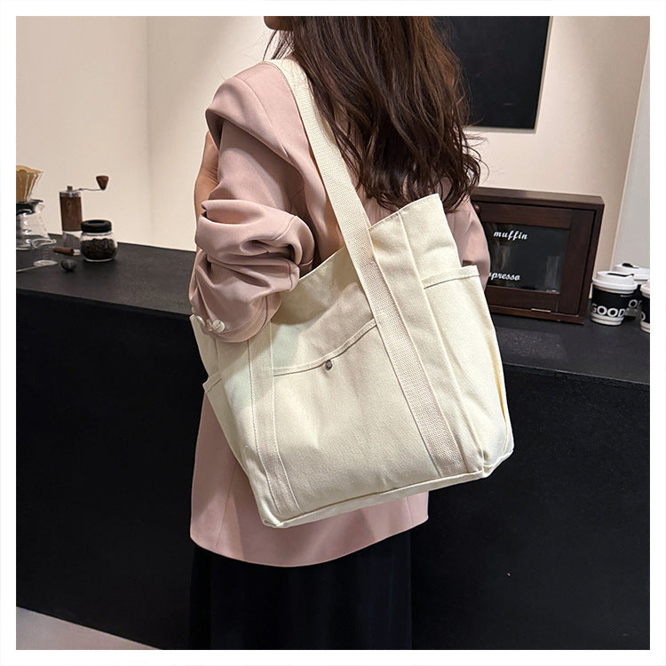 Preppy Style Shoulder Bag Unisex Large Capacity HandBag Casual Versatile Solid Canvas Bag Student Commuting Zipper Square Bag