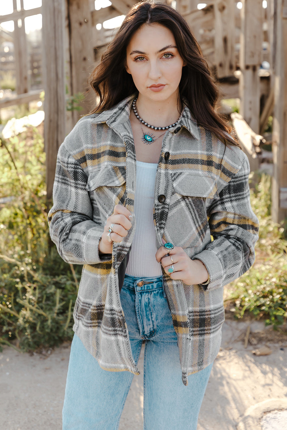 Gray Plaid Print Pocketed Shirt Jacket