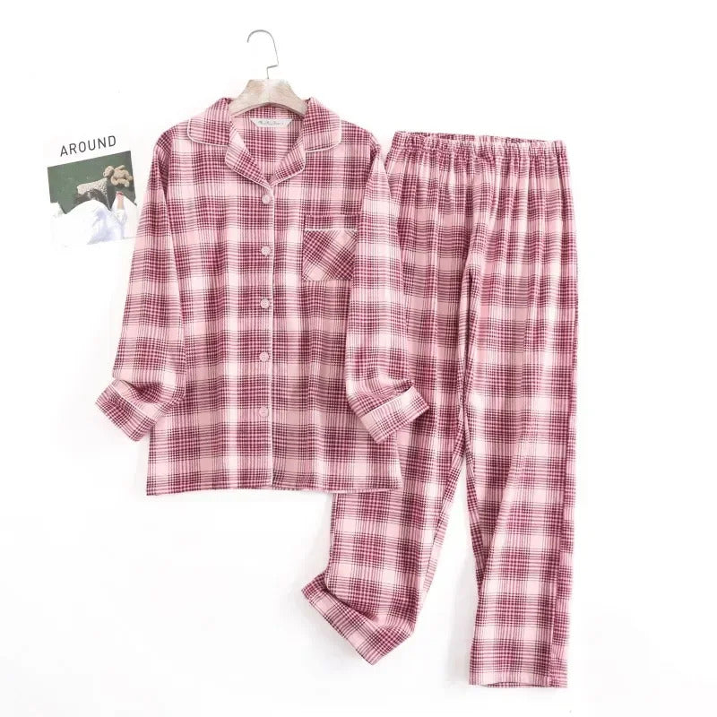 Cotton Flannel Women's Long Pants Pajamas Sets for Sleepwear Plaid Design Loose Autumn and Winter Long Sleeve Trouser Suits