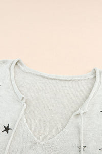 Gray Mini Starfish Embroidery Lightweight Knit Sweater