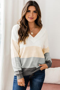 Colorblock V Neck Pullover Sweater