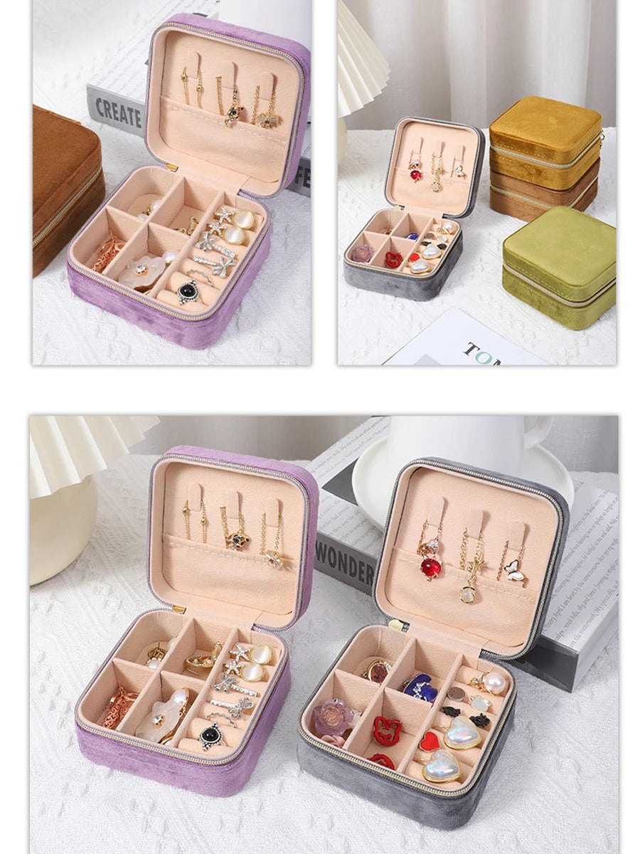 Velvet Jewelry Box For Women Necklace Ring Earrings Organizer Holder Travel Portable Zipper Square Jewelry Storage Case