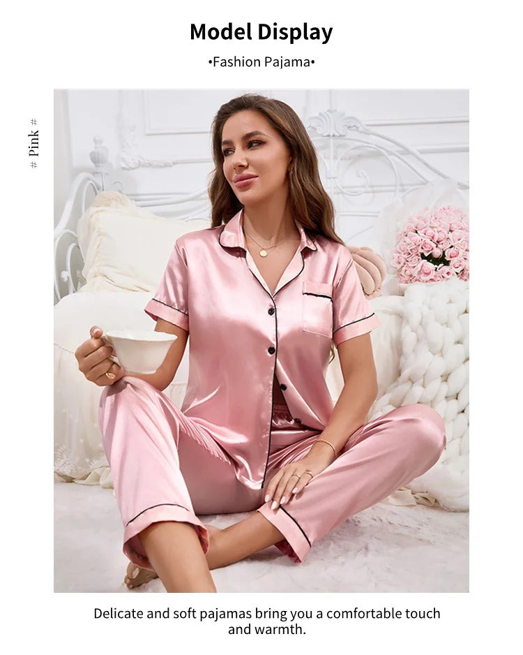 Women's Pajamas Sets Autumn Short Sleeve Buttons Top & Pants Sleepwear 2 Piece Button-Down Pj Set Homewear Satin Loungewear