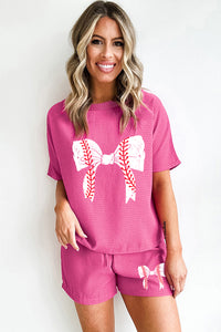 Rose Red Textured Baseball Bowknot Graphic Tee and Shorts Set