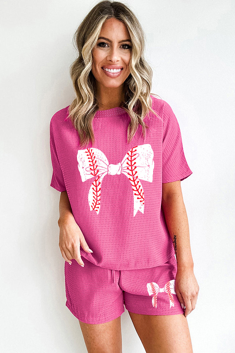 Rose Red Textured Baseball Bowknot Graphic Tee and Shorts Set