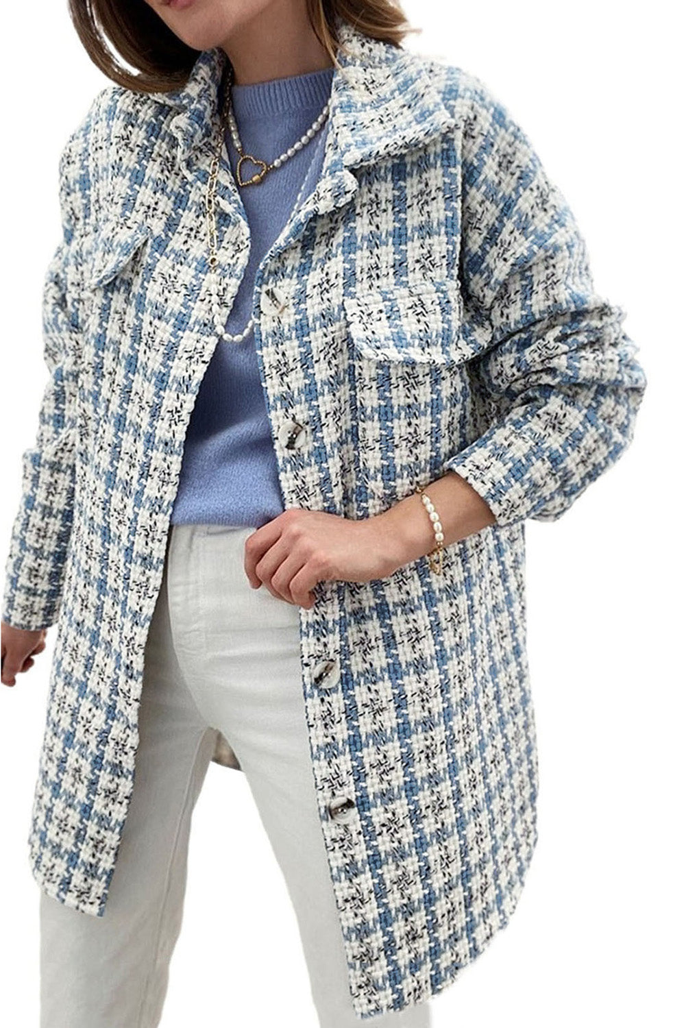 Sky Blue Plaid Print Button Knitted Jacket with Pocket