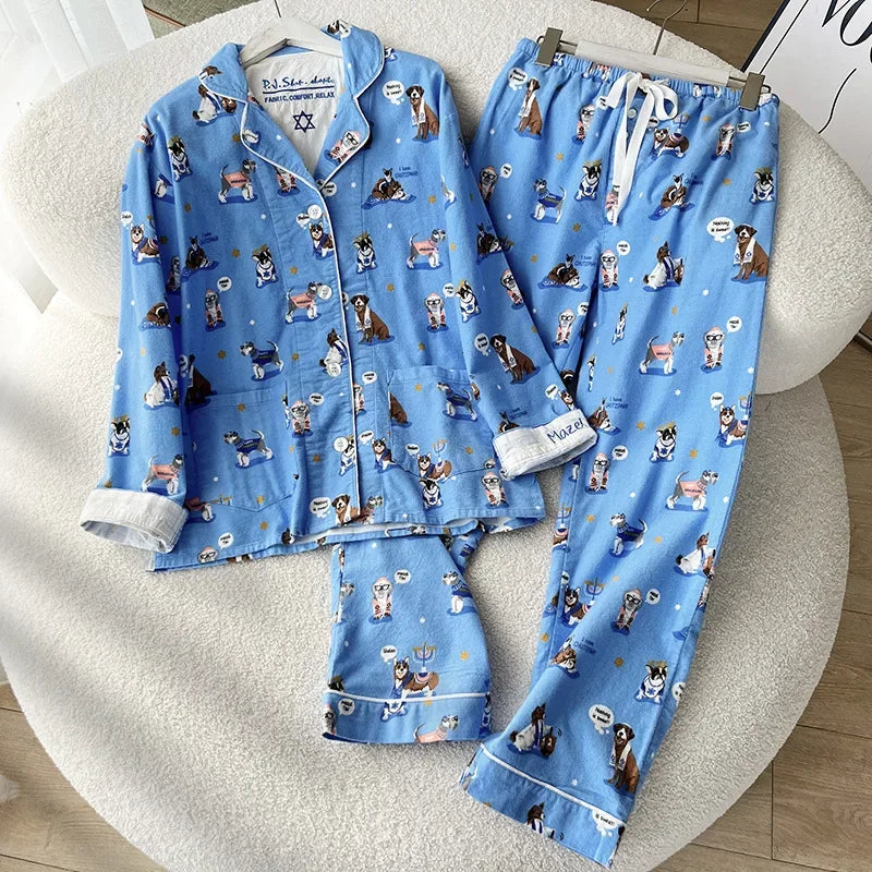 100% Cotton Pajamas for Women Loose Cartoon Long Sleeve Pants Loungewear Women 2 Piece Set Pj Women Outfit Sleepwear Set Pijamas