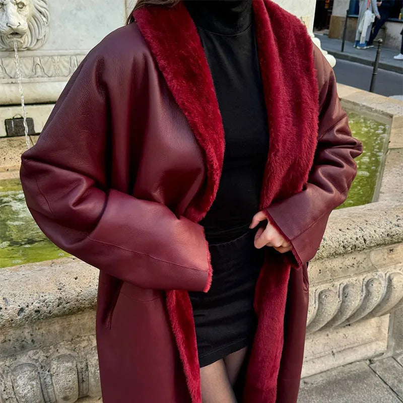 Burgundy Reversible Warm Faux Fur Leather Long Coat Elegant Women Belted Lapel Full Sleeve Overcoat 2024 Lady Thick Streetwear ﻿