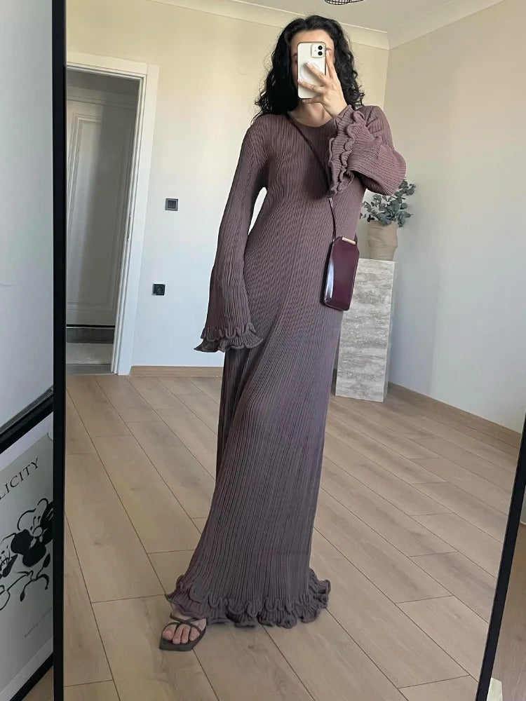 Elegant Solid Ruffles Knitted Dress For Women Loose O Neck Long Trumpet Sleeve Maxi Dresses 2024 New Female White Knitwear