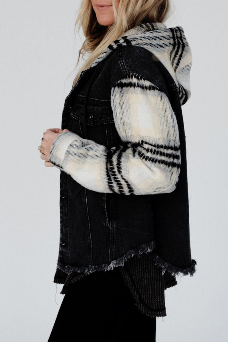 Black Plaid Sleeve Frayed Hem Hooded Denim Jacket