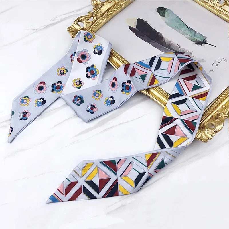 2024 Spring Border New Geometric Diamond Small Flowers Women's Decorative Small Silk Scarf Bundle Bag Handle Ribbon Small Scarf