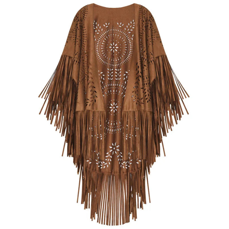 New Bohemian cardigan Cloak Camel Suede Floral Hollow Out Fringe Tassel Shawl Women Vintage Capes Ponchos Autumn Boho Capes