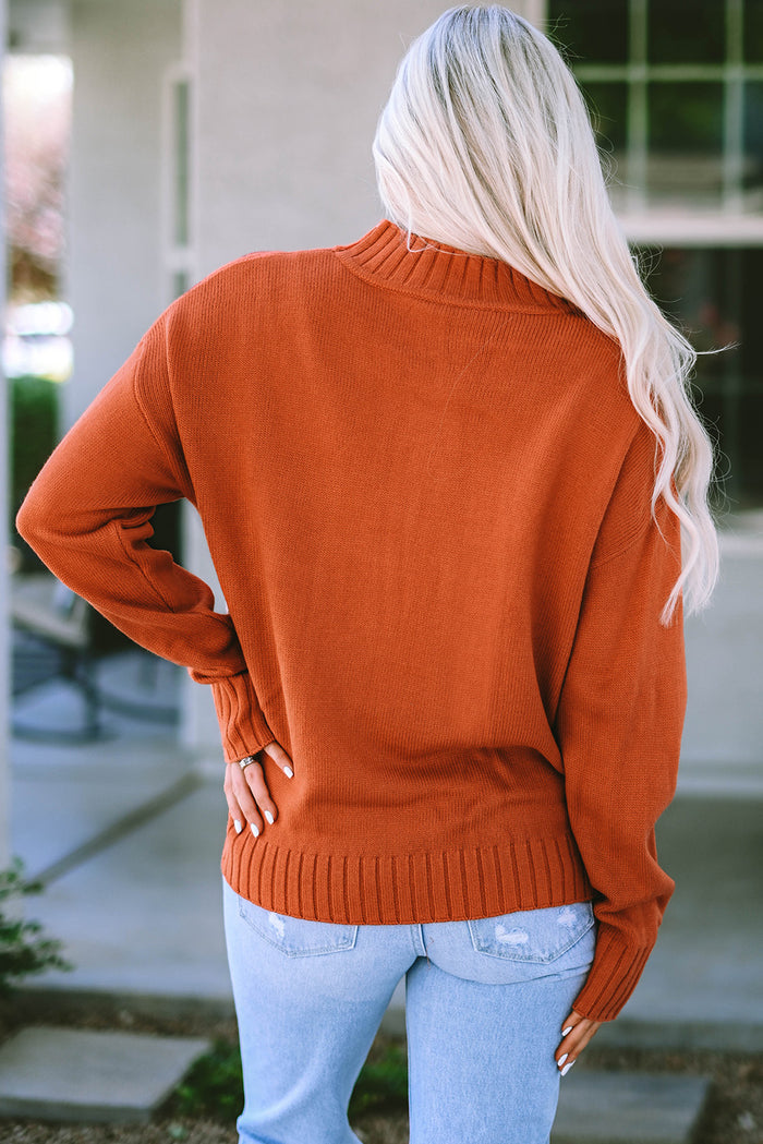 Brown Aztec Knitted High Neck Drop Shoulder Sweater