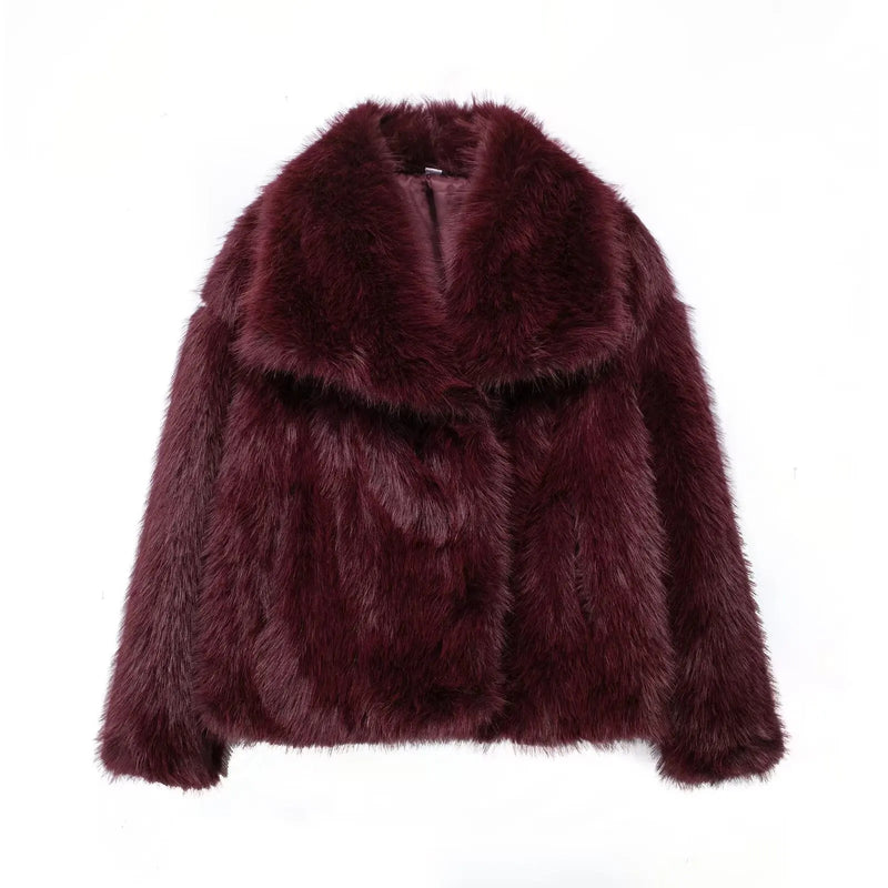 Short Faux Fur Coat Women Lapel Autumn Winter Pockets Thick Cool Overcoat Female Buttons Casual Outerwears Stylish High Street