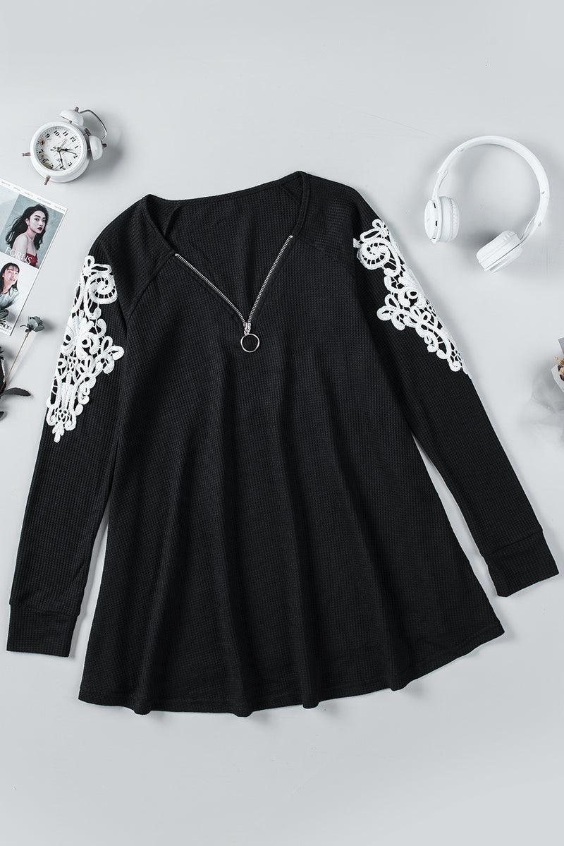 Zip V Neck Lace Patch Long Sleeve Tunic Top