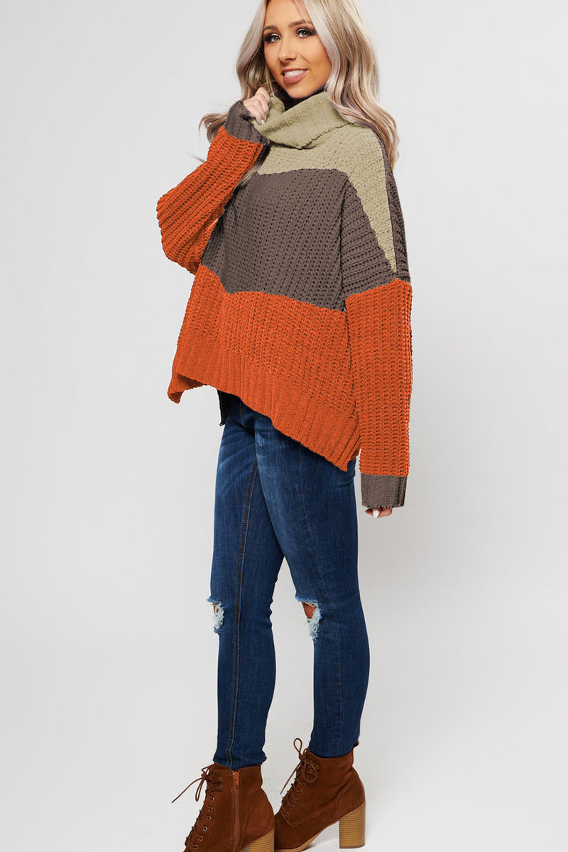 Black Cowl Neck Colorblock Cable Knit Sweater