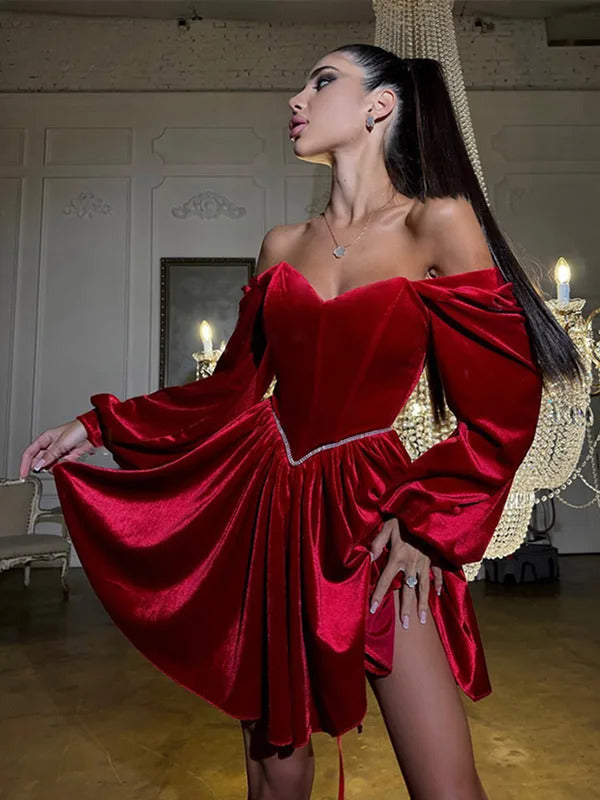 Elegant Velvet Strapless Mini Dresses Women Solid Off Shoulder Long Sleeved Dress Female 2025 Autumn Chic Evening Party Robes