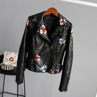 Ly Varey Lin Floral Print Embroidery Faux Soft Leather Jacket Women Pu Motorcycle Coat Female Black Punk Zipper Rivet Outerwear