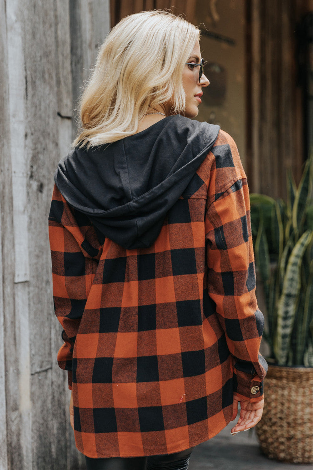 Gold Flame Buffalo Plaid Drawstring Hooded Shacket