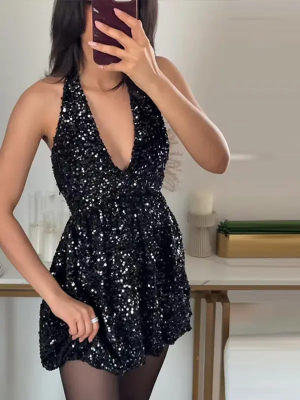 Sexy Sequin Velvet Sleeveless Dress Women Black Shinny V-neck A-line Loose Evening Dresses Female 2025 Fashion Solid Party Robe