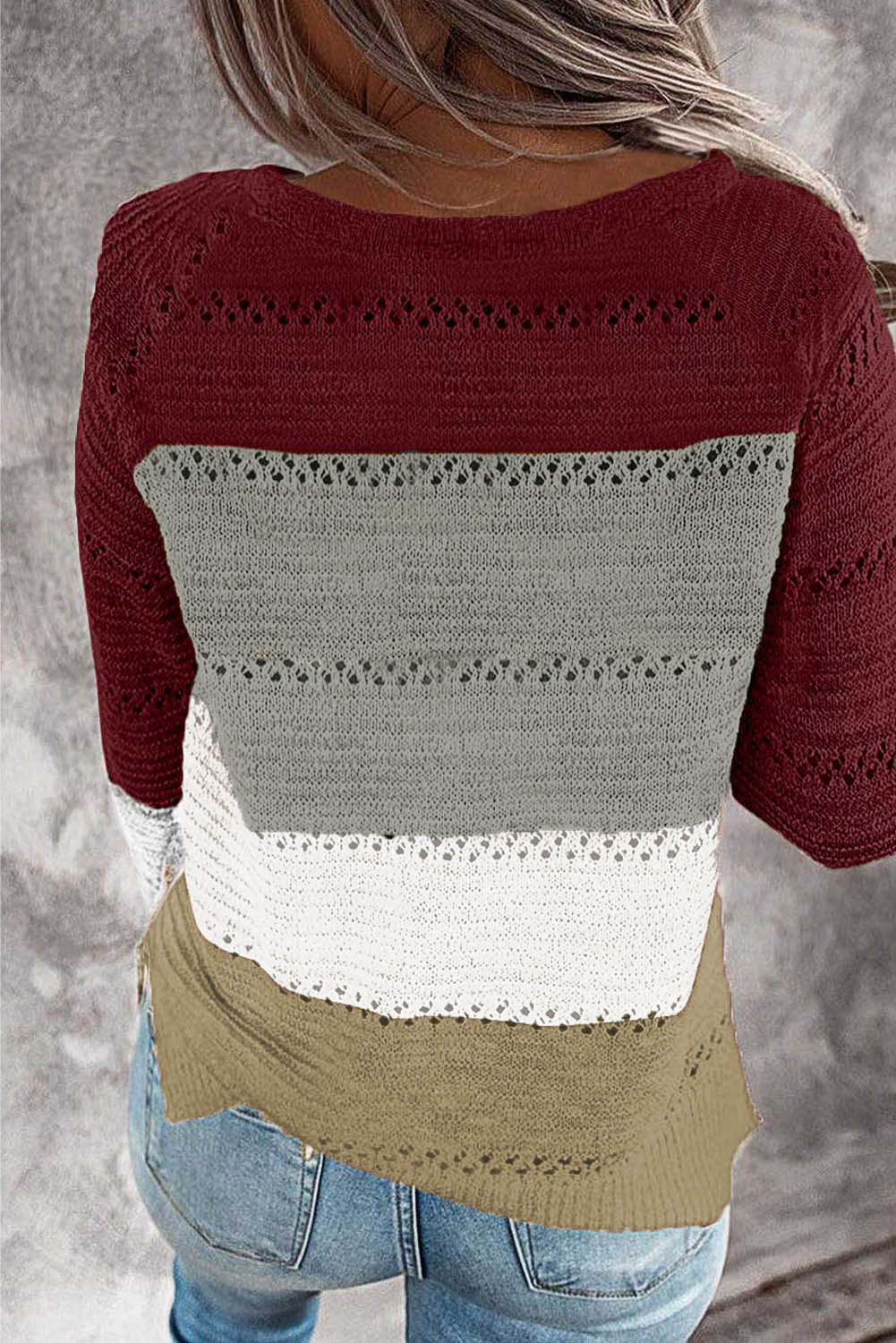 Wine Accent Knitted Color Block Long Sleeve Crew Neck Sweater