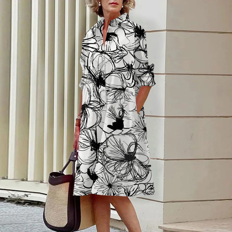 Floral Pattern Shirt Dress Elegant Women's Summer Casual Lapel Long Sleeve Midi Dress High Temperament Fashion Street Shirt