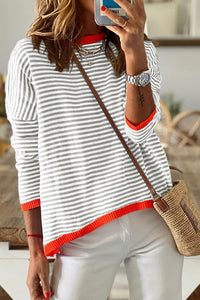 Gray Contrast Trimmed Striped Drop Shoulder Sweater