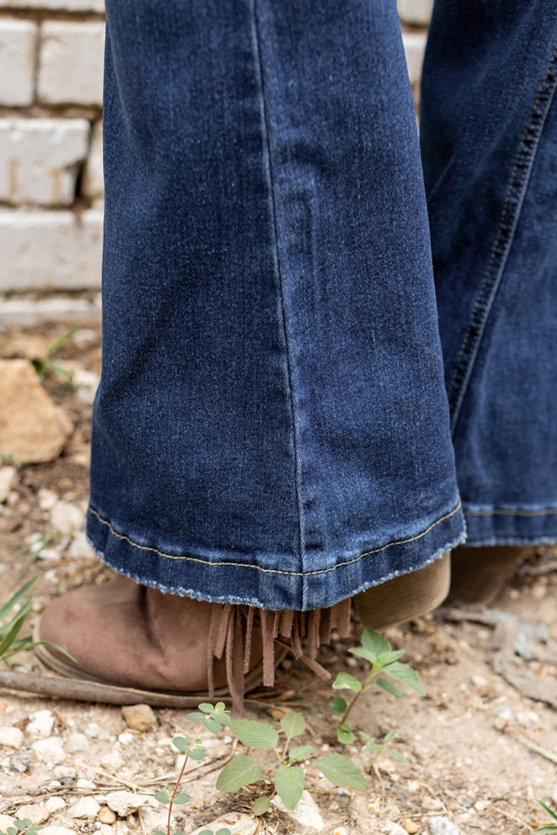 Dark Washed Distressed Flare Bottom Jeans