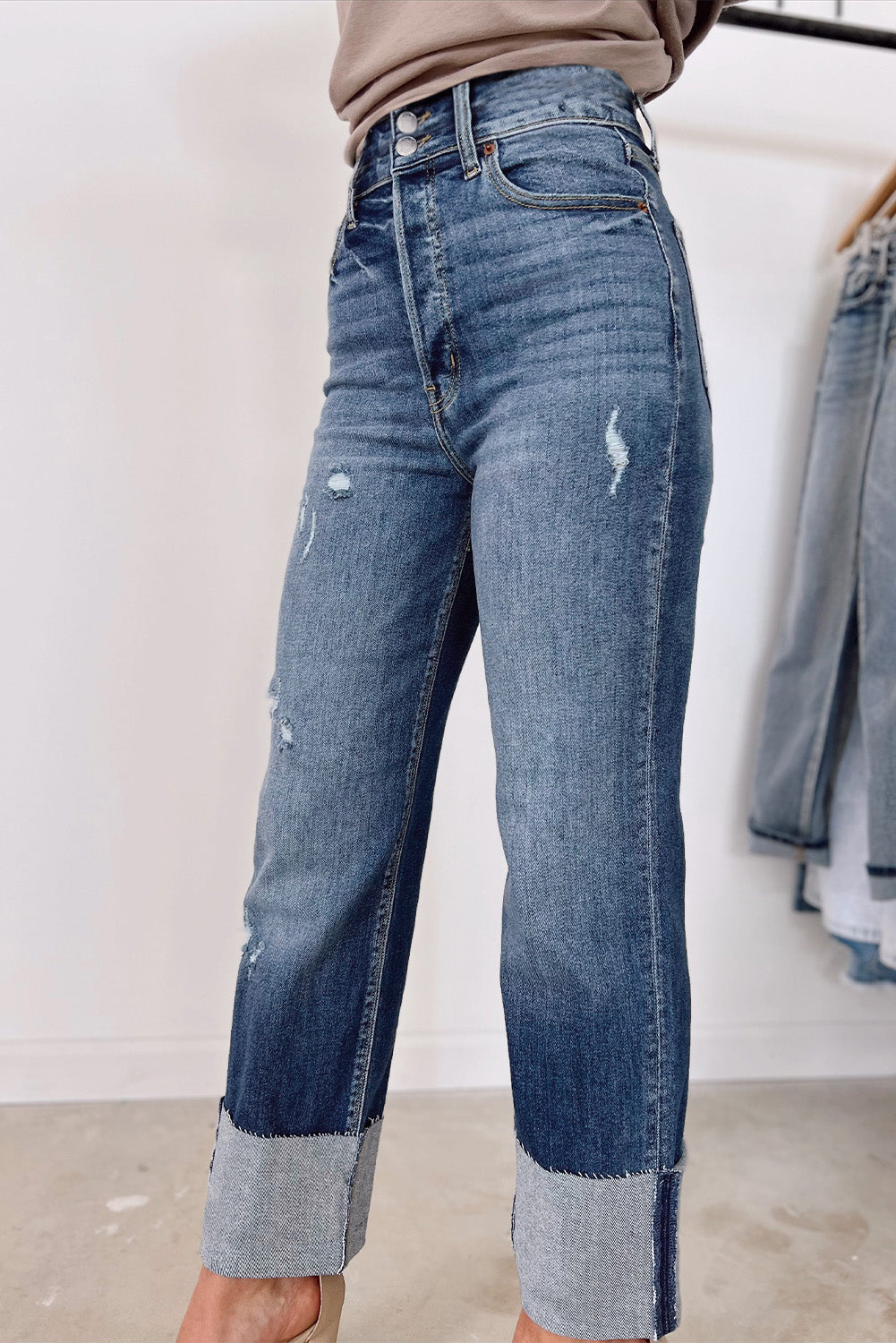 Blue High Waist Distressed Straight Leg Jeans