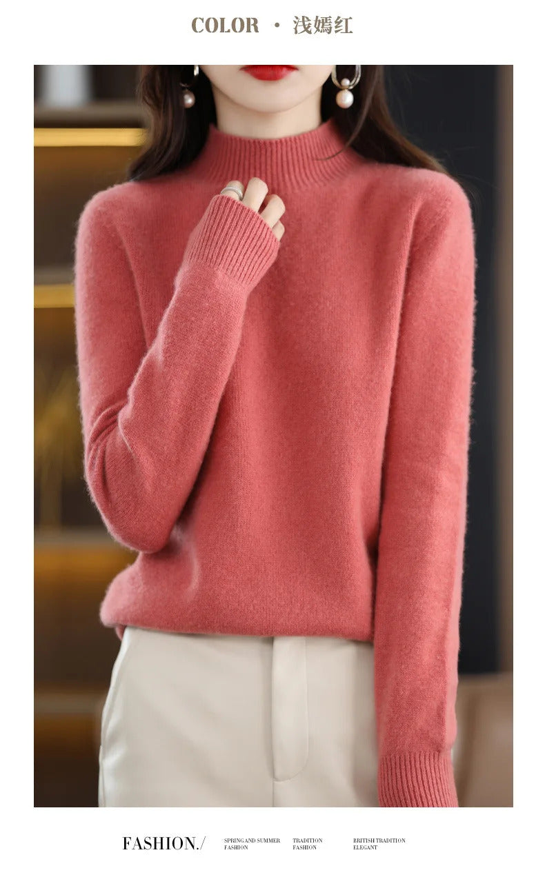 Autumn Winter Women Sweater Korean Fashion Warm Bottoming Shirts Half High Collar Basic Knitwear Solid Long Sleeve Pullovers