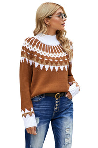 Apricot High Neck Printed Knit Sweater