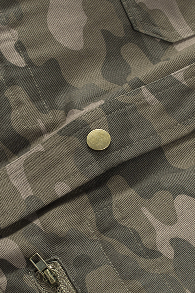 Green Camo Print Multi Pockets Button-up Jacket