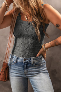 Smoke Gray Floral Jacquard Square Neck Tank Top