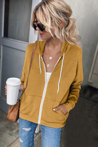 Yellow Zip-Up Pocket Drawstring Hoodie Jacket