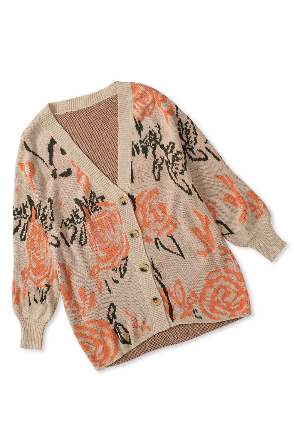 Apricot Abstract Floral Knit Button Down Long Cardigan