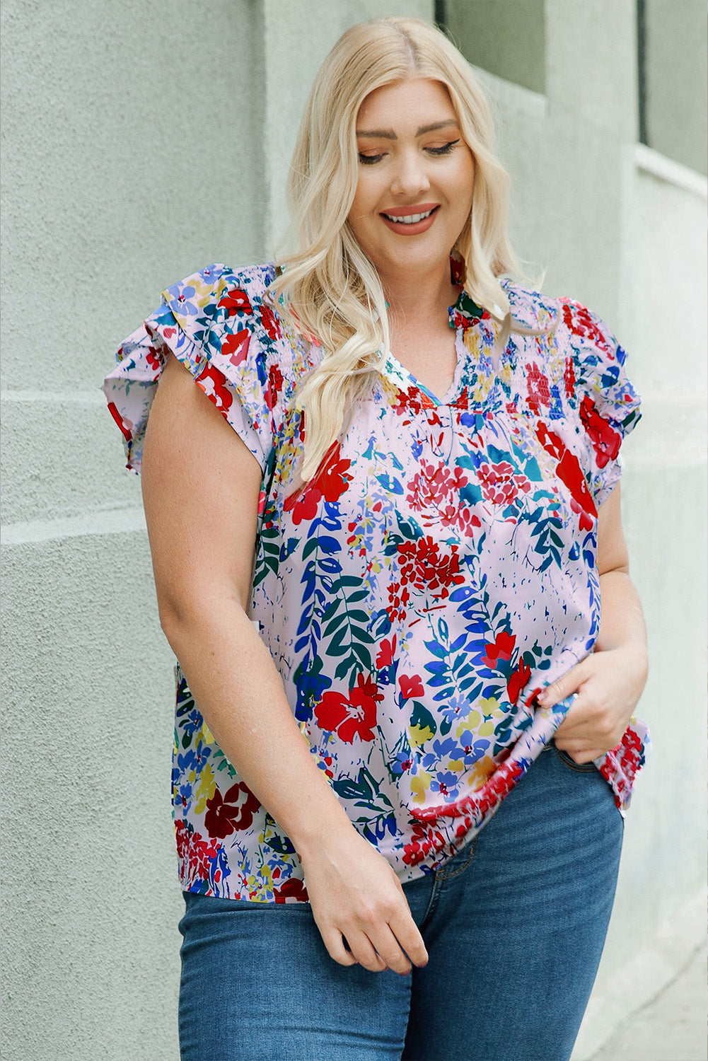 Red Plus Floral Print Ruffle Cap Sleeve V Neck Blouse