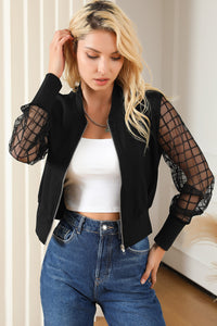 Black Latticed Mesh Sleeve Zip Up Bomber Jacket