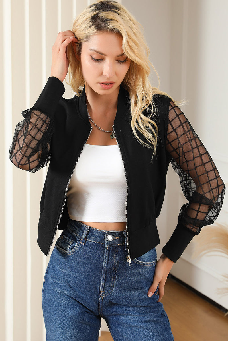 Black Latticed Mesh Sleeve Zip Up Bomber Jacket