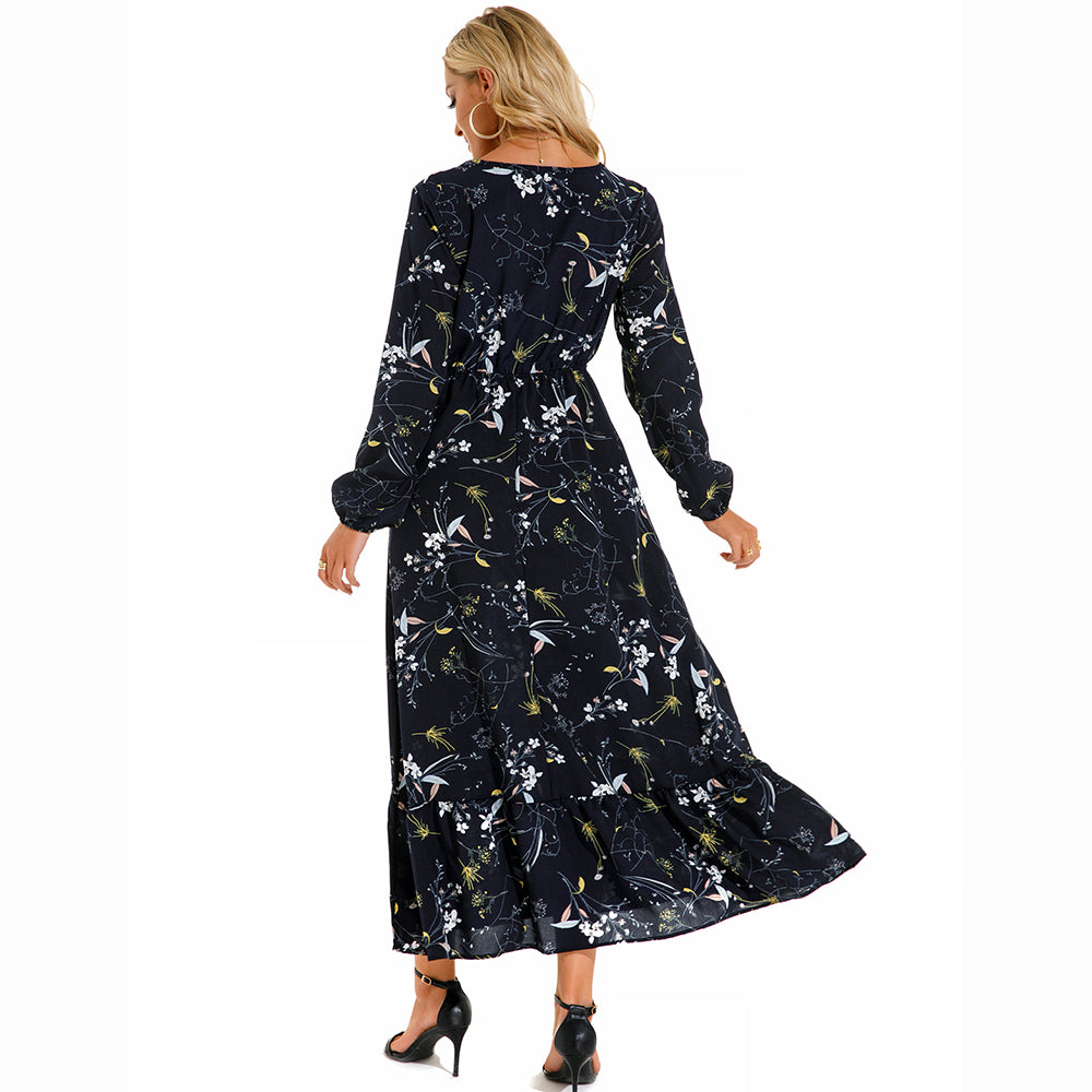 Women Maxi Dresses Sping Autumn Bohemian Casual Full Sleeve High Waist Beach Woman Chiffon Dresses Floral Vestidoes Long Dress